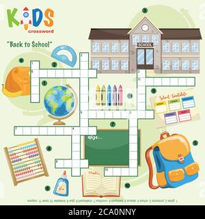 Einfaches Kreuzworträtsel 'Back to School', für Kinder in der Grund- und Mittelschule. Lustige Art, Sprachverstehen zu üben und Vokabeln zu erweitern Stock Vektor