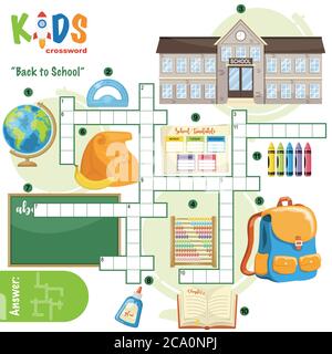 Einfaches Kreuzworträtsel 'Back to School', für Kinder in der Grund- und Mittelschule. Lustige Art, Sprachverstehen zu üben und Vokabeln zu erweitern Stock Vektor