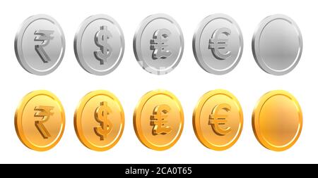 3D Renderbild von Gold und Silber Münzen mit Rupie Symbol, US Dollar Symbol, Pfund-Zeichen und Euro-Symbol. Stockfoto