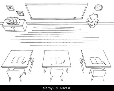 Klassenzimmer Grafik schwarz weiß Innenraum oben Luftaufnahme Skizze Illustration Vektor Stock Vektor