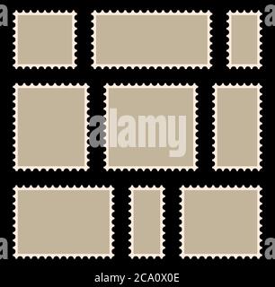 Poststempelrahmen oder Rahmen mit Copyspace. Leere, beige Briefmarkensammlung. Retro-Briefmarke mit perforiertem Rand. Clipart-Abbildung Stock Vektor