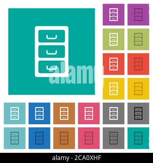 Archivdatei Schrank mehrfarbige flache Symbole auf einfachen quadratischen Hintergründen. Weiße und dunklere Symbolvarianten für schwebe- oder aktive Effekte. Stock Vektor