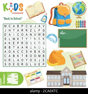Einfache Wortsuche Kreuzworträtsel 'Back to School', für Kinder in der Grund- und Mittelschule. Spaß Art und Weise zu üben Sprachverständnis und expan Stock Vektor