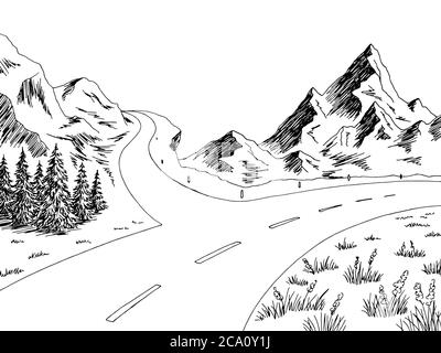 Mountain Road Grafik schwarz weiß Landschaft Skizze Illustration Vektor Stock Vektor