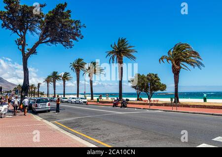 Straße mit Palmen und Strand in Camps Bay, Kapstadt. Stockfoto