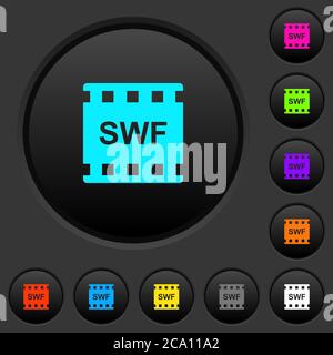 Dunkle Drucktasten im SWF-Filmformat mit lebendigen Farbsymbolen auf dunkelgrauem Hintergrund Stock Vektor