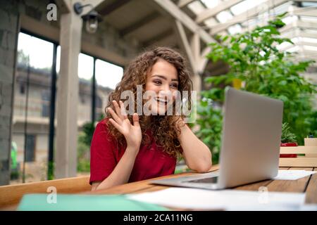 Junge Frau sitzt drinnen im grünen Büro, Konferenz Business Call Konzept. Stockfoto