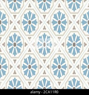 Modernes geometrisches Muster, inspiriert von Vintage Tapeten. Schöne Retro-Farben - grau beige, ruhig blau. Nahtloses Vektormuster. Perfekt für den Stoffbezug Stock Vektor