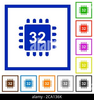 Mikroprozessor 32 Bit Architektur flache Farbsymbole in quadratischen Rahmen auf weißem Hintergrund Stock Vektor