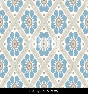 Modernes geometrisches Muster, inspiriert von Vintage Tapeten. Schöne Retro-Farben - grau beige, ruhig blau. Nahtloses Vektormuster. Perfekt für den Stoffbezug Stock Vektor
