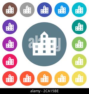 Stadt Silhouette flache weiße Symbole auf runden farbigen Hintergründen. 17 Hintergrundfarbvarianten sind enthalten. Stock Vektor