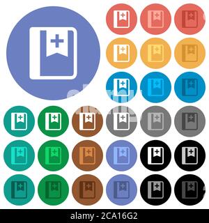 Setzen Sie Lesezeichen für mehrfarbige flache Symbole auf runden Hintergründen. Weiße, helle und dunkle Symbolvarianten für Hover- und aktive Statuseffekte sowie Bonus enthalten Stock Vektor