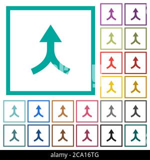 Pfeile nach oben flache Farbsymbole mit Quadranten Rahmen auf weißem Hintergrund zusammenführen Stock Vektor