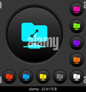 FTP dekomprimieren Sie dunkle Drucktasten mit lebendigen Farbsymbolen auf dunkelgrauem Hintergrund Stock Vektor