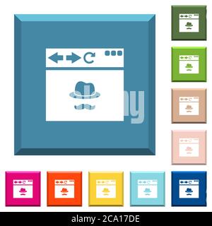 Browser Inkognito-Fenster weiße Symbole auf kantigen quadratischen Tasten in verschiedenen trendigen Farben Stock Vektor