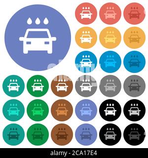 Autowäsche mehrfarbige flache Symbole auf runden Hintergründen. Weiße, helle und dunkle Symbolvarianten für Hover- und aktive Statuseffekte sowie Bonus enthalten Stock Vektor