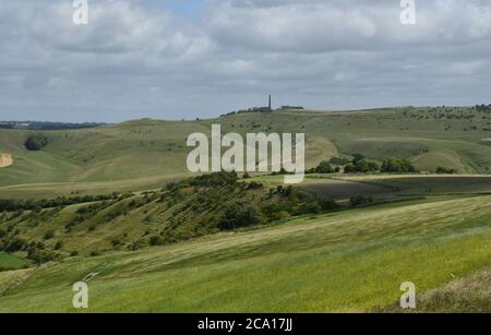 Blick vom Morgans Hill auf das Lansdowne Monument auf Cherhill Down mit Calstone Down im Vordergrund,Wiltshire.UK Stockfoto