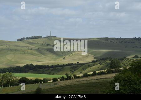 Blick vom Morgans Hill auf das Lansdowne Monument auf Cherhill Down mit Calstone Down im Vordergrund,Wiltshire.UK Stockfoto