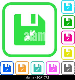 Komprimieren Sie die Datei lebendige farbige flache Symbole in gekrümmten Rändern auf weißem Hintergrund Stock Vektor