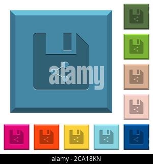 Share Datei gravierte Symbole auf kantigen quadratischen Tasten in verschiedenen trendigen Farben Stock Vektor