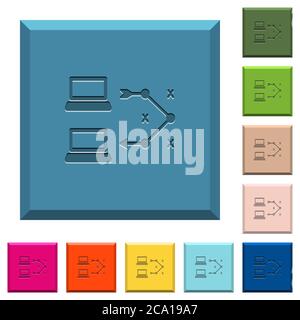 Traceroute Remote Computer gravierte Symbole auf kantigen quadratischen Tasten in verschiedenen trendigen Farben Stock Vektor