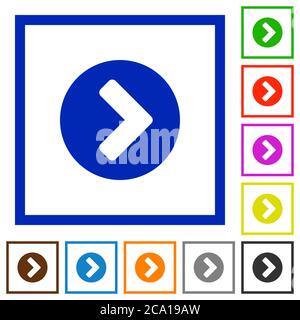 Chevron rechts flache Farbsymbole in quadratischen Rahmen auf weißem Hintergrund Stock Vektor