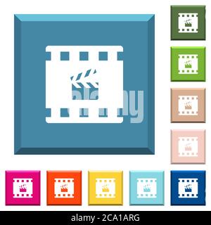 Filmproduktion weiße Symbole auf kantigen quadratischen Tasten in verschiedenen trendigen Farben Stock Vektor