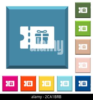 Geschenkrabatt-Gutschein weiße Symbole auf kantigen quadratischen Knöpfen in verschiedenen trendigen Farben Stock Vektor