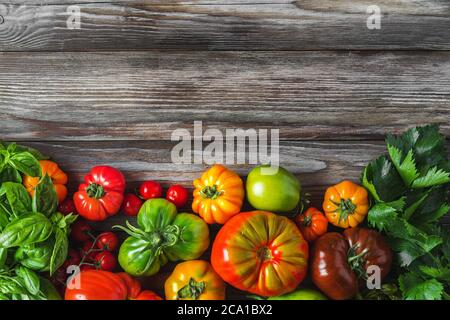 Frische bunte Bio-Gemüse Hintergrund. Rohe Tomaten und Kräuter auf rustikalem Holztisch. Gesunde Ernährung. Draufsicht mit Kopierraum Stockfoto