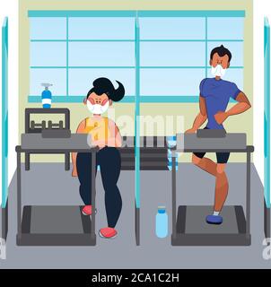 Präventionspraktiken für Turnhalle und Sportverein. Coronavirus covid-19 Virenschutztipps. Sichere Bewegung im öffentlichen Raum. Stock Vektor