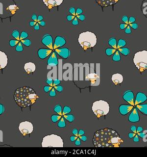Schafe und Blumen dunkle Schafe auf dunkelgrauem Hintergrund, nahtlose Vektor-Musteroberfläche Design Stock Vektor