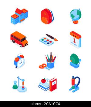 Zurück in die Schule - moderne bunte isometrische Icons Set Stock Vektor