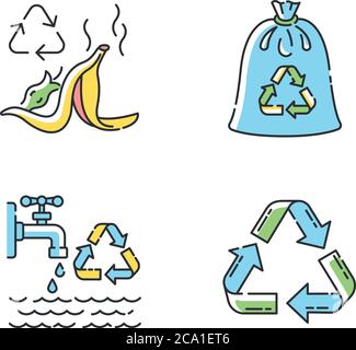 Null Verschwendung Tipps RGB-Farbsymbole gesetzt. Recycling von Lebensmittelabfällen, kompostierbarer Abfallbeutel und Reduzierung des Wasseraufkommens. Regeln für einen nachhaltigen Lebensstil. Isolierter Vektor Stock Vektor