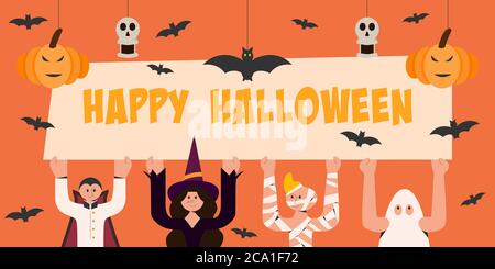 Kinder im Halloween Kostüm tragen Happy Halloween Banner mit dekorierten Kürbis, Totenkopf und Fledermaus. Stock Vektor