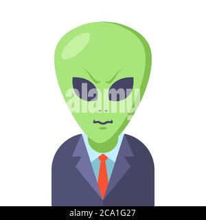 Alien in einem Business-Anzug auf weißem Hintergrund. Vektorgrafik für flache Zeichen. Stock Vektor