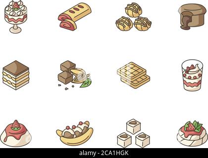 Weltberühmte Desserts RGB-Farbsymbole gesetzt. Traditionelle Süßigkeiten. Türkisches Vergnügen. Lavakuchen mit Schokolade. Brownies. Tiramisu. Authentische süße Speisen. Europa Stock Vektor