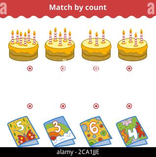 Zählspiel für Vorschulkinder. Educational ein mathematisches Spiel. Zählen Sie die Kerzen und wählen Sie die richtige Antwort. Stock Vektor