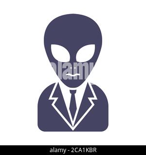 Ikone eines Außerirdischen in einem Anzug auf weißem Hintergrund. Verschwörungstheoretikerlehre. Vektorgrafik für flache Zeichen. Stock Vektor