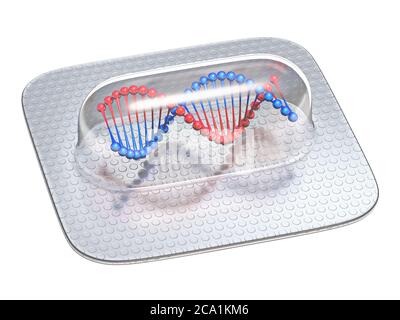 Pillen Kapsel mit DNA-Molekül 3D Rendern Illustration isoliert auf weißem Hintergrund Stockfoto
