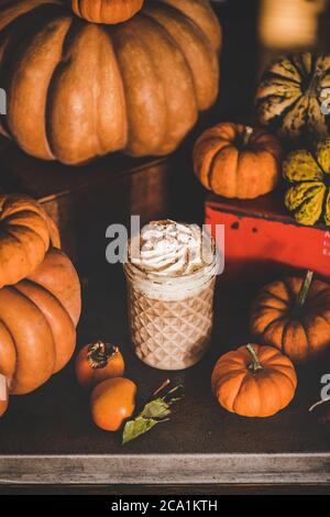 Kürbis Latte Kaffeetrink mit Schlagsahne und Zimt gekrönt Stockfoto