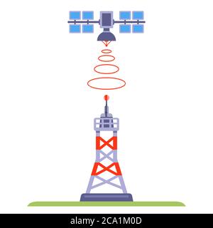 Satellitensignal zur Antenne. Globales Internet durch den Weltraum. Flache Vektorgrafik isoliert auf weißem Hintergrund. Stock Vektor
