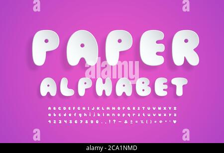 Realistische Papier Alphabet weiße Farbe Cartoon Blase Schriftart. Groß- und Kleinbuchstaben, Zahlen, Marken und Zeichen. Fliegende 3D-Schrift auf rosa Farbverlauf Stock Vektor