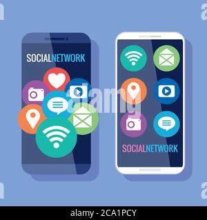 Soziale Netzwerke, Smartphones mit Symbolen für soziale Medien Stock Vektor