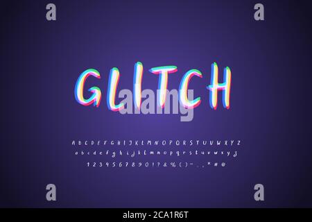 Digital Glitch Alphabet weiß mehrfarbig auf dunklem Hintergrund. Moderne Schrift-Schrift mit Stereo-Farbeffekt. Groß- und Kleinbuchstaben, Zahlen, Stock Vektor