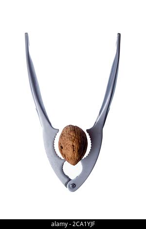 Nussknacker aus Stahl und Nussbaum auf weißem Hintergrund Stockfoto