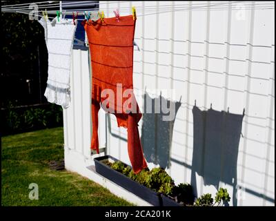 Stanmore Bay Auckland Neuseeland. Washing Line vorstädtischen Auckland und Garten Schuppen. Neville Marriner Hasselblad X1D Stockfoto