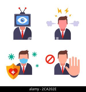 Büro-Set. Mann beobachtet. Wütend barfuß. Quarantined Arbeiter. Stop-Zeichen. Flache Zeichen Vektor-Illustration Stock Vektor
