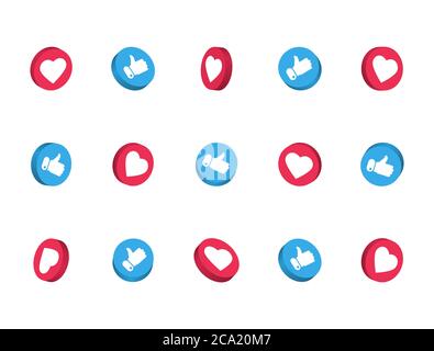 3d-like und Daumen nach oben Symbol isoliert auf weißem Hintergrund gesetzt. Symbol für soziale Netzwerke. Gegenmeldung. Social Media-Elemente. Emoji-Reaktionen. Vect Stock Vektor