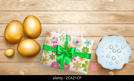 Realistische goldene Ostereier, leckerer Kuchen und schöne Geschenkbox mit Schleife auf Holzplanken Stock Vektor