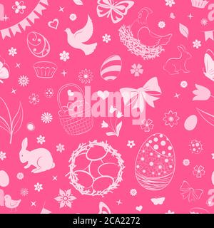 Nahtlose Muster von Eiern, Blumen, Kuchen, Hasen, Henne, Huhn und andere Ostern Symbole in rosa Farben Stock Vektor